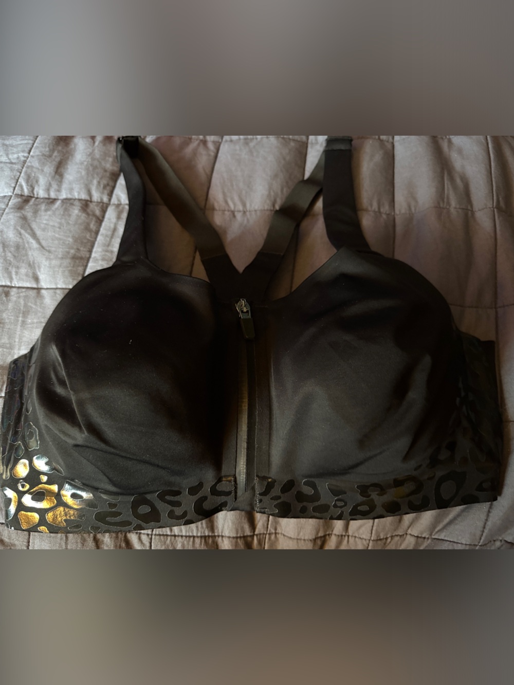 Black Front-Zip Sports Bra with Leopard Accent